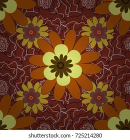 Flower seamless pattern. Abstract floral textile print for decoration, yellow, brown and orange fashion traditional vector vintage art. Stylized plant floral ornament.