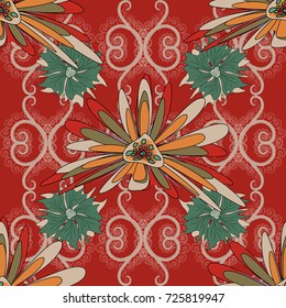 Flower seamless pattern. Abstract floral textile print for decoration, red, beige and neutral fashion traditional vector vintage art. Stylized plant floral ornament.