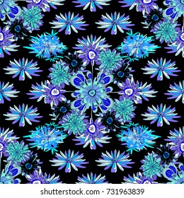 Flower seamless pattern. Abstract floral textile print for decoration, violet, black and blue fashion traditional vector vintage art. Stylized plant floral ornament.