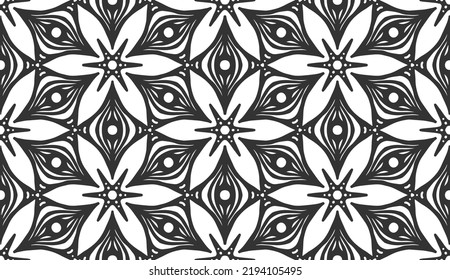 Flower seamless pattern. Abstract geometric floral black line lace texture. Vintage fashion fabric ornament. Monochrome arabic hexagonal tile design. Carpet wallpaper, packaging wrapping paper print