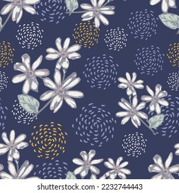 Flower seamless pattern with abstract ornament on navy blue color background. Perfect for paper, cover, fabric, textile, decoration background, etc