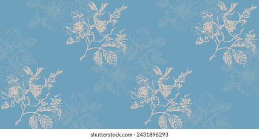 Flower seamless pattern, abstract wild rose hip motifs. Botanical background, fabric print, wallpaper art