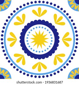 Flower seamless pattern. Azulejo. Bright Portuguese tiles with sun, sea and Mediterranean mood.