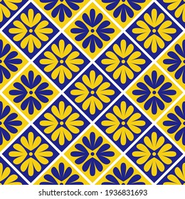 Flower seamless pattern. Azulejo. Bright Portuguese tiles with sun, sea and Mediterranean mood.