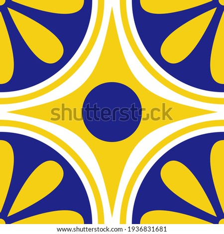 Flower seamless pattern. Azulejo. Bright Portuguese tiles with sun, sea and Mediterranean mood.