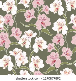 Flower seamless pattern with beautiful  alstroemeria lily flowers branch on green background template. Vector set of blooming floral for wedding invitations and greeting card design. 