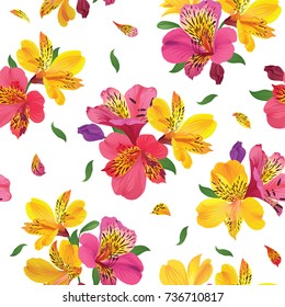 Flower seamless pattern with beautiful alstroemeria lily flowers on white background template. Vector set of blooming floral for wedding invitations and greeting card design.