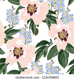 Flower seamless pattern with beautiful orangey peony and forget-me-not flowers on white background template. Set of blooming floral for wedding invitations and greeting card design.