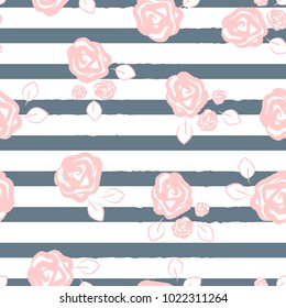 Flower seamless pattern with beautiful roses and leaves drawn by hand. Striped background. Sketch, doodle, grunge. Endless vector illustration.
