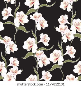 Flower seamless pattern with beautiful white and pink alstroemeria lily flowers and green leaves branch on black background template.