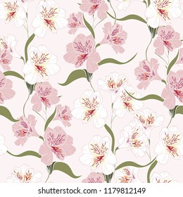 Flower seamless pattern with beautiful white and pink alstroemeria lily flowers branch on light background template.