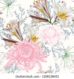 Flower seamless pattern with beautiful white lily and  chrysanthemum flowers on light background template. Set of blooming floral for wedding invitations and greeting card design. 