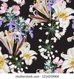 Flower seamless pattern with beautiful white lily and wild flowers on black background template. Set of blooming floral for invitations and greeting card design. 