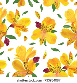 Flower seamless pattern with beautiful yellow alstroemeria lily flowers on white background template. Vector set of blooming floral for wedding invitations and greeting card design. 