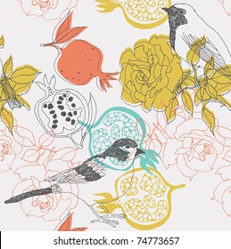 flower seamless pattern with bird and pomegranate
