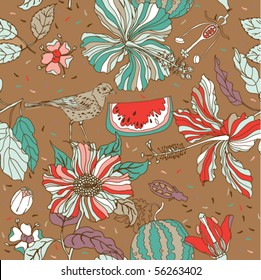 flower seamless pattern  with bird and watermelon