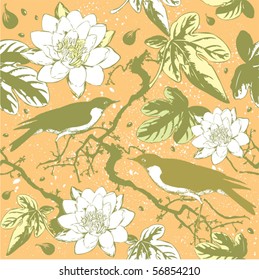 flower seamless pattern with birds