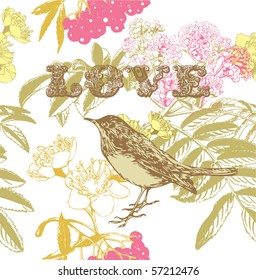 flower seamless pattern with birds and berry