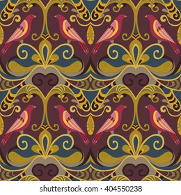 Flower seamless pattern with birds. Vintage pattern. Vector illustration