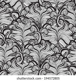 Flower seamless pattern in black and white is hand drawn ink illustration. Illustration is in eps8 vector mode, background on separate layer. 