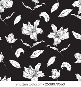 Padrão de flor sem emenda em cores pretas e brancas. Abstrato floral moderno para tecido, design têxtil, papel de parede, convite, casamento, capas, cartões, arte de parede, cartazes e decoração.
