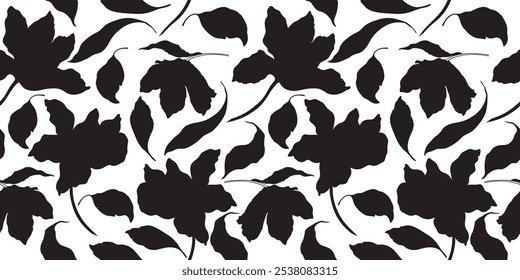 Flower seamless pattern in black and white colors. Abstract modern floral for fabric, textile design, wallpaper, invitation, wedding, covers, cards, wall art, posters and decoration.