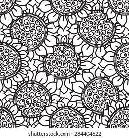 Flower seamless pattern, black and white flowers sunflowers, painted by hand.