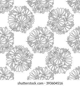 Flower seamless pattern, blooming spring meadow, graceful figure wreaths of flowers and beetles, black and white drawing, hand drawn, vector.