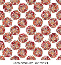 Flower seamless pattern, blooming spring meadow, graceful wreaths of flowers and beetles on a white background, hand drawn, vector.
