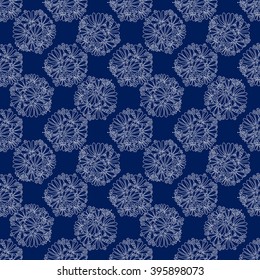 Flower seamless pattern, blooming spring meadow, graceful figure wreaths of flowers and beetles, blue and white drawing, hand drawn, vector.