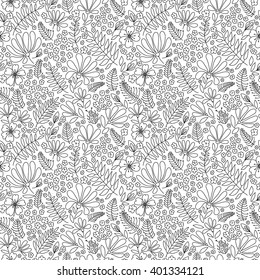 Flower seamless pattern, blooming spring meadow, graceful pattern of flowers and bugs, tender black and white graphics, hand drawn, vector.