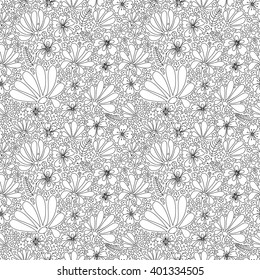 Flower seamless pattern, blooming spring meadow, graceful pattern of flowers and bugs, tender black and white graphics, hand drawn, vector.