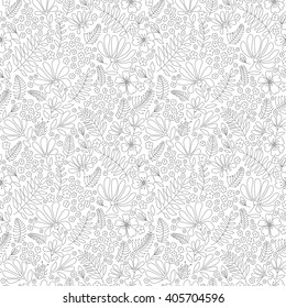 Flower seamless pattern, blooming spring meadow, graceful pattern of flowers and bugs, tender grey and white graphics, hand drawn, vector.