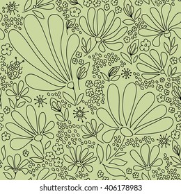 Flower seamless pattern, blooming spring meadow, graceful pattern of flowers and bugs, tender black and green graphics, hand drawn, vector.