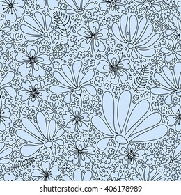 Flower seamless pattern, blooming spring meadow, graceful pattern of flowers and bugs, tender black and grey graphics, hand drawn, vector.