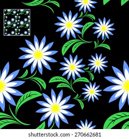 Flower seamless Pattern with blue Flowers on black