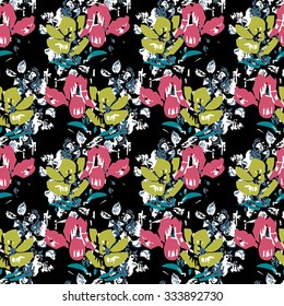 Flower seamless pattern with blue, green and pink elements on black background