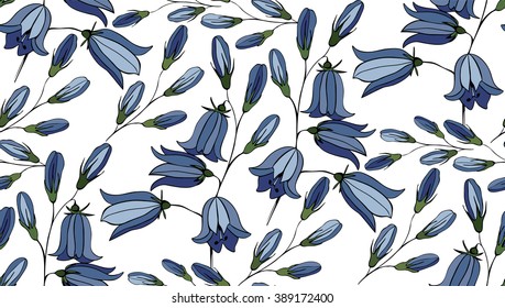 Flower seamless pattern with bluebells. Patterns can be used as background, fabric print, surface texture, wrapping paper, web page backdrop, wallpaper. Vector illustration.