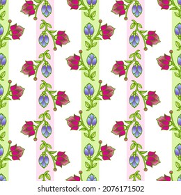 Flower seamless pattern. Bright decorative flowers, leaves, buds, stems and pastel colored stripes. Vector background.