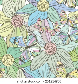 Flower seamless pattern with butterflies