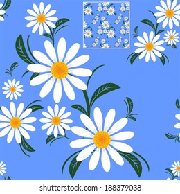 Flower seamless Pattern with Camomiles on blue.