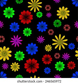 Flower seamless pattern with colorful flowers on a black background. seamless texture. vector illustration.