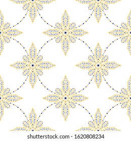 Flower seamless pattern. Colorful mosaic dotted flower shapes in trellis. Floral motif in romantic style. Blooming lily flowers of blue, yellow and orange dots. Vector illustration.
