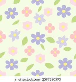 Flower seamless pattern, colorful, pink and purple, with green leaves. Vector illustration for print, wrapping paper, wallpaper, textil materials, and others. 
