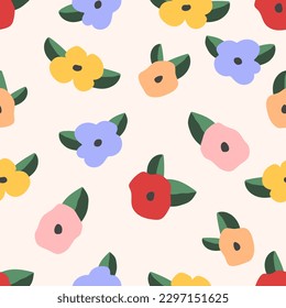 Flower seamless pattern. Seamless pattern with creative decorative colorful flowers in scandinavian style. light background. Spring season with flowers and leaves. Illustration vector 10 eps.