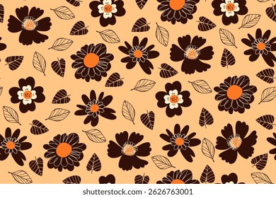 Flower Seamless Pattern with Cute Black Florals. Doodle quirky summer and spring plants. Feminine repeatable backdrop perfect for fashion, clothing, cards, invitations, wrapping paper
