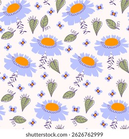 Flower Seamless Pattern with Cute Nature Wild Field Florals. Doodle girly and quirky summer and spring plants. Feminine repeatable backdrop perfect for fashion, clothing, cards, invitations, wrapping