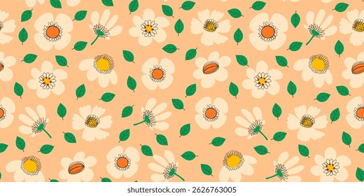 Flower Seamless Pattern with Cute Nature Wild Field Florals in Pastel Colors. Doodle quirky summer and spring plants. Feminine repeatable backdrop perfect for fashion, clothing, cards, invitations