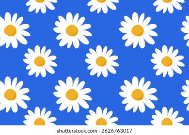 Flower Seamless Pattern with Cute Nature Wild Field Florals Isolated on Blue Background. Doodle quirky summer and spring plants. Feminine repeatable background perfect for fashion, clothing, cards
