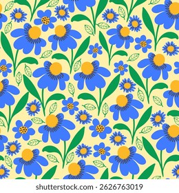 Flower Seamless Pattern with Cute Nature Wild Field Herbs. Doodle quirky summer and spring plants. Feminine repeatable backdrop perfect for fashion, clothing, cards, invitations, wrapping paper
